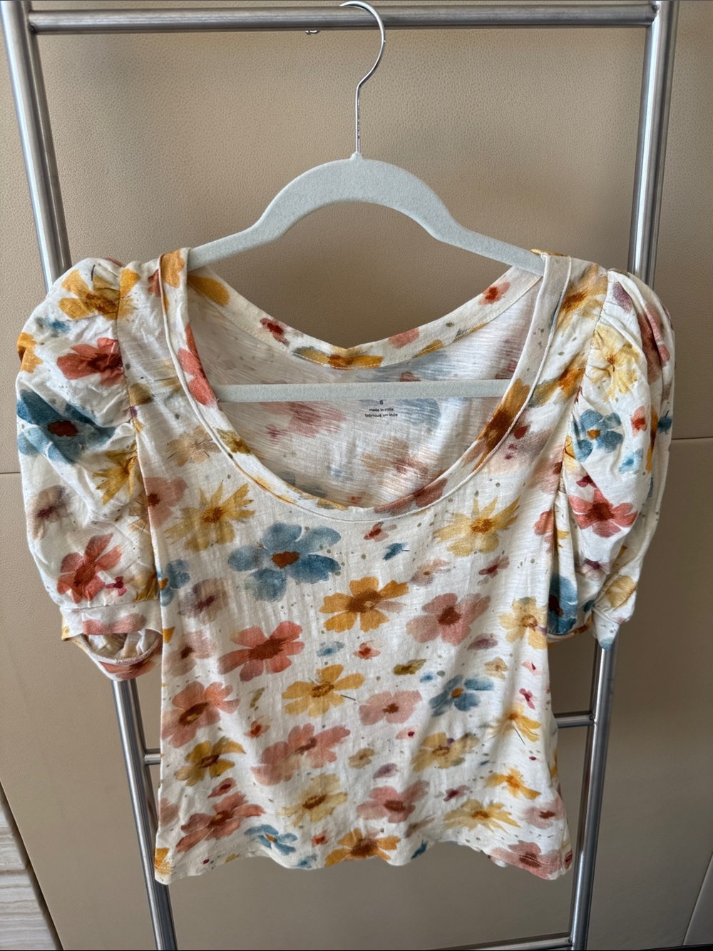 Anthropologie Floral Puff-Sleeve Scoop Neck Top - White/Multi